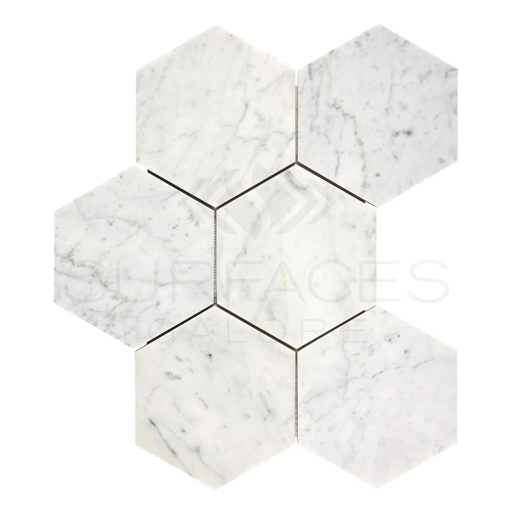 Carrara White 5" Hexagon Mosaic Marble Tile Polished-Honed