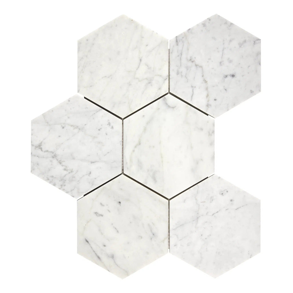 Carrara White 5" Hexagon Mosaic Marble Tile Polished-Honed