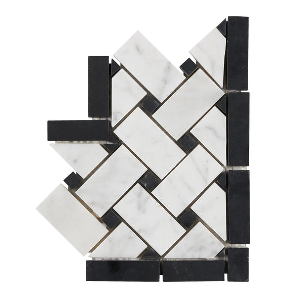 Carrara White Basketweave Border CORNER (w/ Black) Polished-Honed