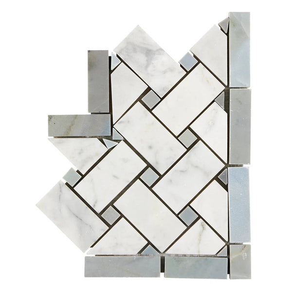 Carrara White Basketweave Border CORNER (w/ Blue-Gray) Polished-Honed