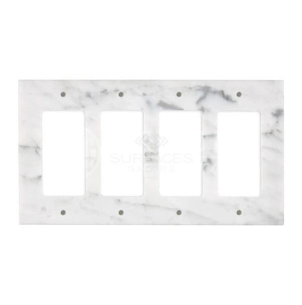 The Carrara White Marble 4 Gang ROCKER Switch Wall Plate by SurfacesGalore is crafted from authentic natural stone and features four rectangular openings for switch plate covers.