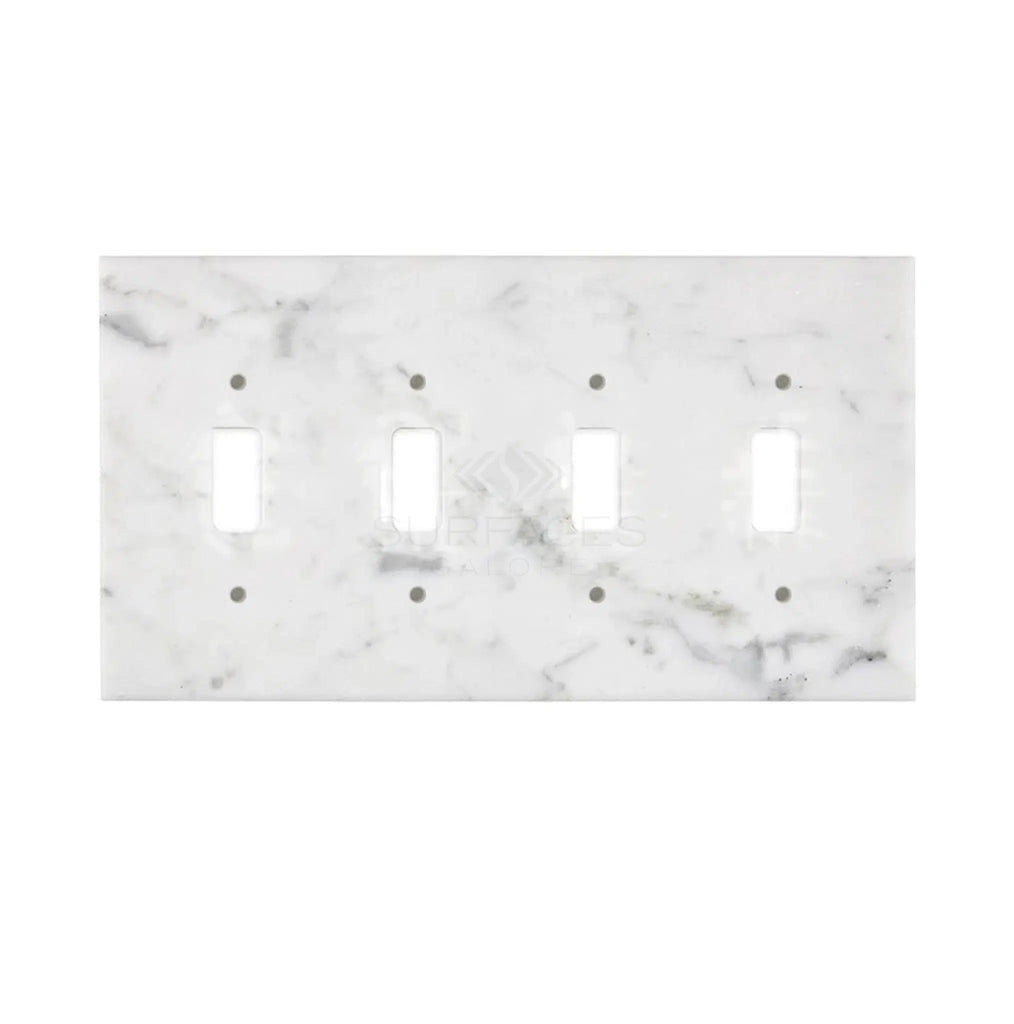 The Carrara White Marble 4 Gang TOGGLE Switch Wall Plate by SurfacesGalore features four toggle switch openings and a white, veined pattern made of 100% authentic marble.