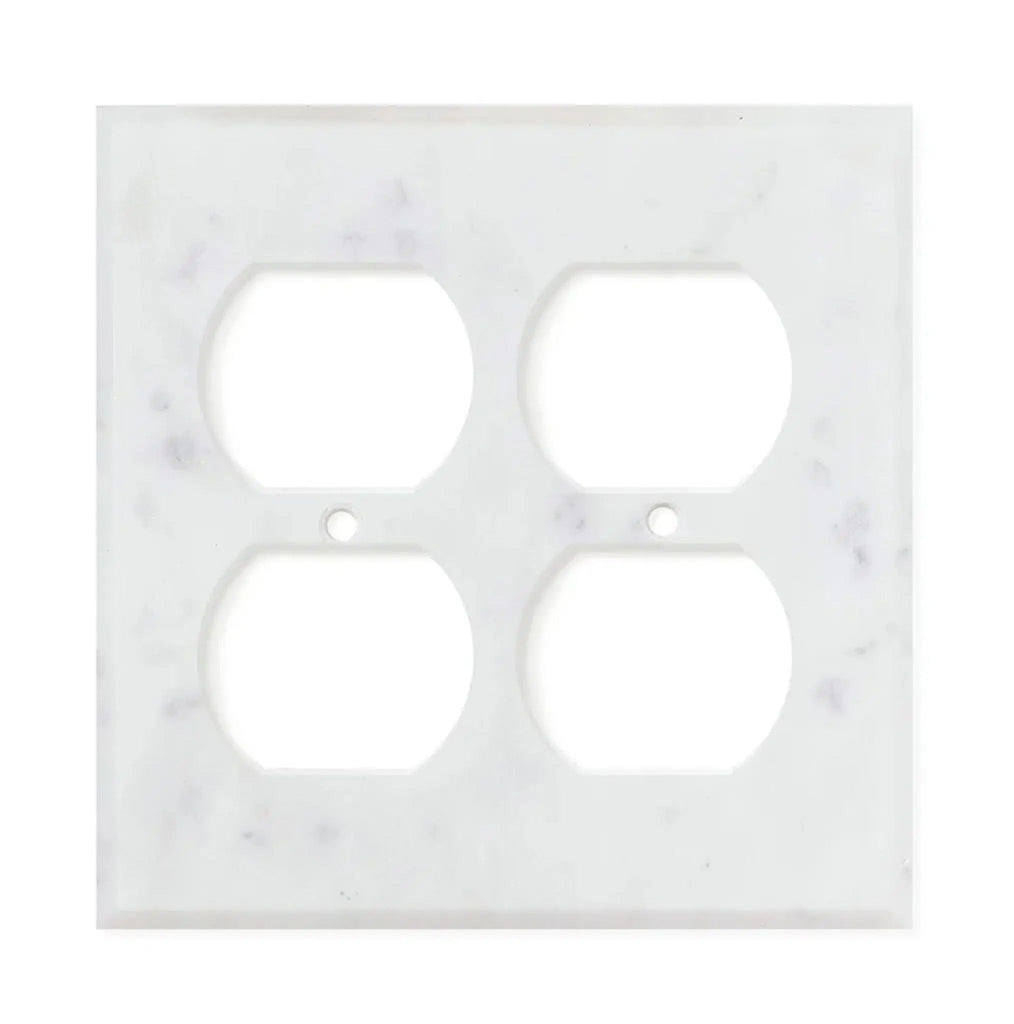 SurfacesGalore Carrara White Marble Double DUPLEX Switch Wall Plate, showcasing natural stone variations and featuring four openings for electrical outlets, set against a plain white background.