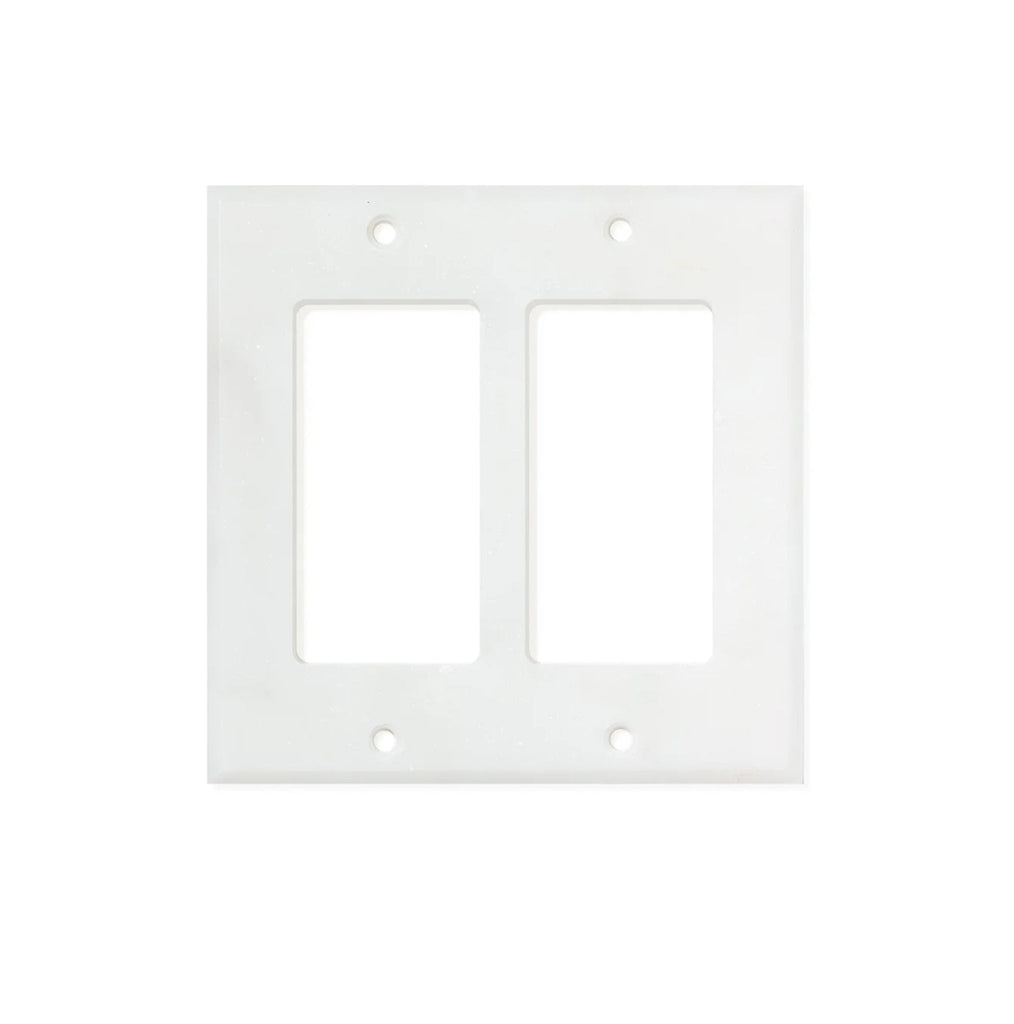 Introducing the SurfacesGalore Carrara White Marble Double ROCKER Switch Wall Plate, featuring two rectangular openings, four screw holes, and elegant natural stone variations reminiscent of marble.