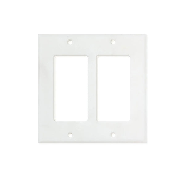 Introducing the SurfacesGalore Carrara White Marble Double ROCKER Switch Wall Plate, featuring two rectangular openings, four screw holes, and elegant natural stone variations reminiscent of marble.