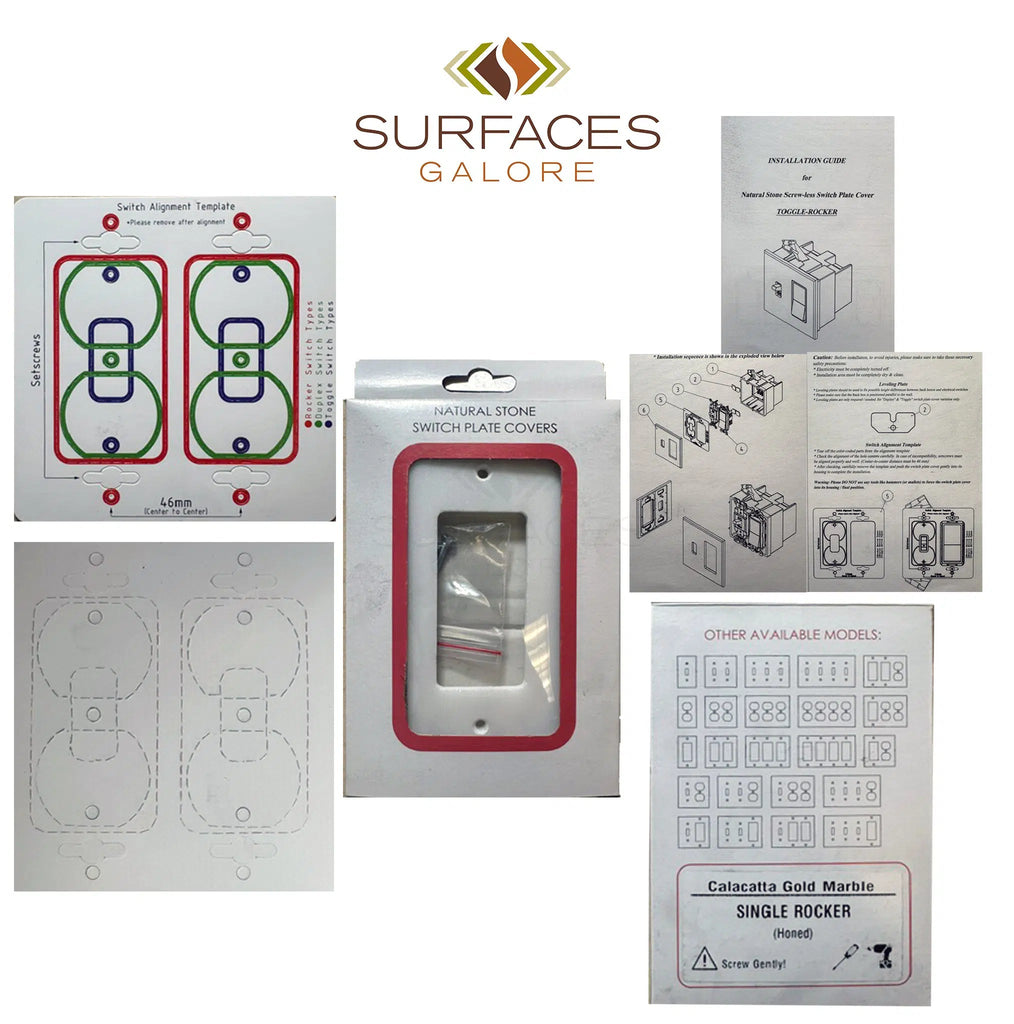 Packaging and diagrams for the SurfacesGalore Carrara White Marble Double TOGGLE - DUPLEX Switch Wall Plate include a central package, templates, installation instructions, and natural stone variation options.