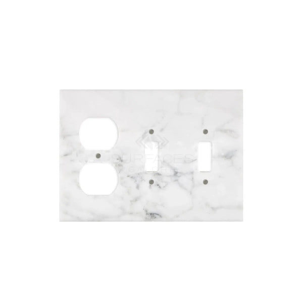 The Carrara White Marble Double TOGGLE - DUPLEX Switch Wall Plate/Cover Plate/Switch Plate by SurfacesGalore is perfect for adding a touch of natural stone décor to your space, featuring openings for two outlets and one toggle switch.