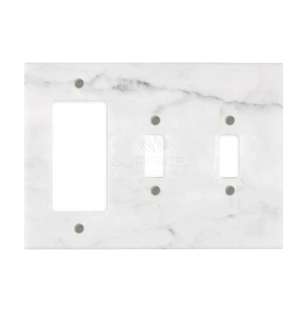 Carrara White Marble Double Toggle-Rocker Switch Wall Plate by SurfacesGalore features two rectangular rocker openings and one toggle switch opening, crafted from authentic marble.