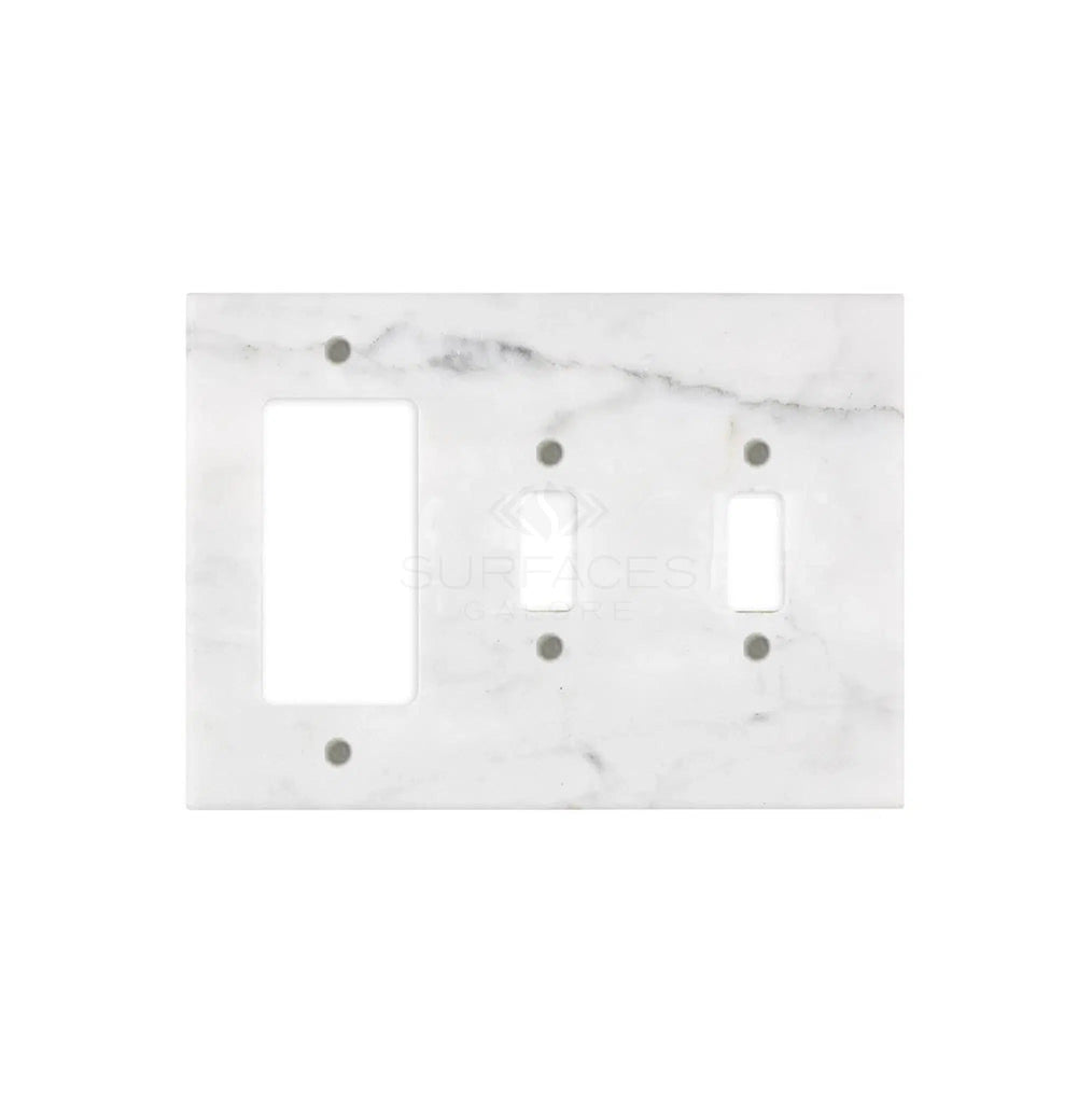 The SurfacesGalore Carrara White Marble Double TOGGLE - ROCKER Switch Wall Plate/Cover Plate/Switch Plate features two switch openings and four screw holes.