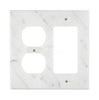 An authentic marble wall plate, the SurfacesGalore Carrara White Marble ROCKER - DUPLEX Switch Wall Plate features two round openings and one rectangular opening, making it perfect for luxury home decor and ideal for outlets and switches.