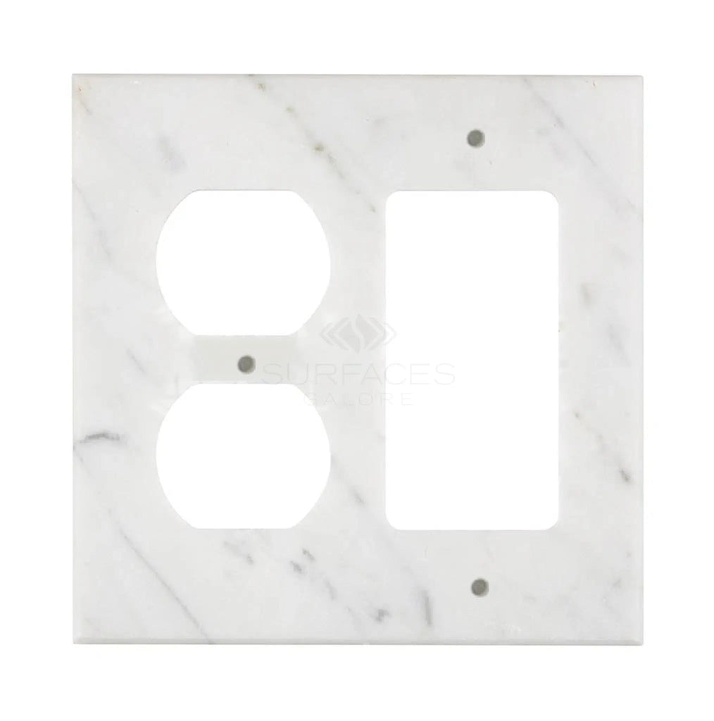 An authentic marble wall plate, the SurfacesGalore Carrara White Marble ROCKER - DUPLEX Switch Wall Plate features two round openings and one rectangular opening, making it perfect for luxury home decor and ideal for outlets and switches.