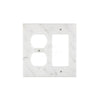 Introducing the Carrara White Marble ROCKER - DUPLEX Switch Wall Plate from SurfacesGalore, featuring two round openings for outlets and one rectangular opening for a switch—perfect for adding a touch of luxury to your home decor.