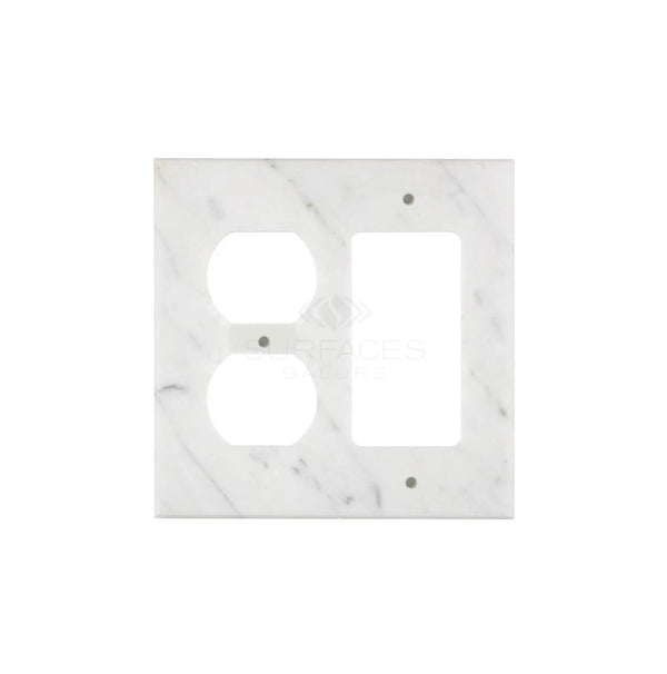 Introducing the Carrara White Marble ROCKER - DUPLEX Switch Wall Plate from SurfacesGalore, featuring two round openings for outlets and one rectangular opening for a switch—perfect for adding a touch of luxury to your home decor.