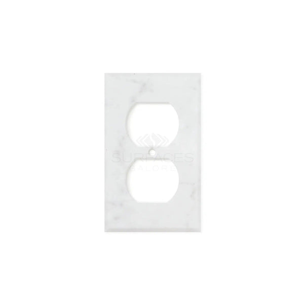 A Carrara White Marble Single DUPLEX Plate Switch Wall Plate from SurfacesGalore, made from authentic marble, sits against a plain white background.