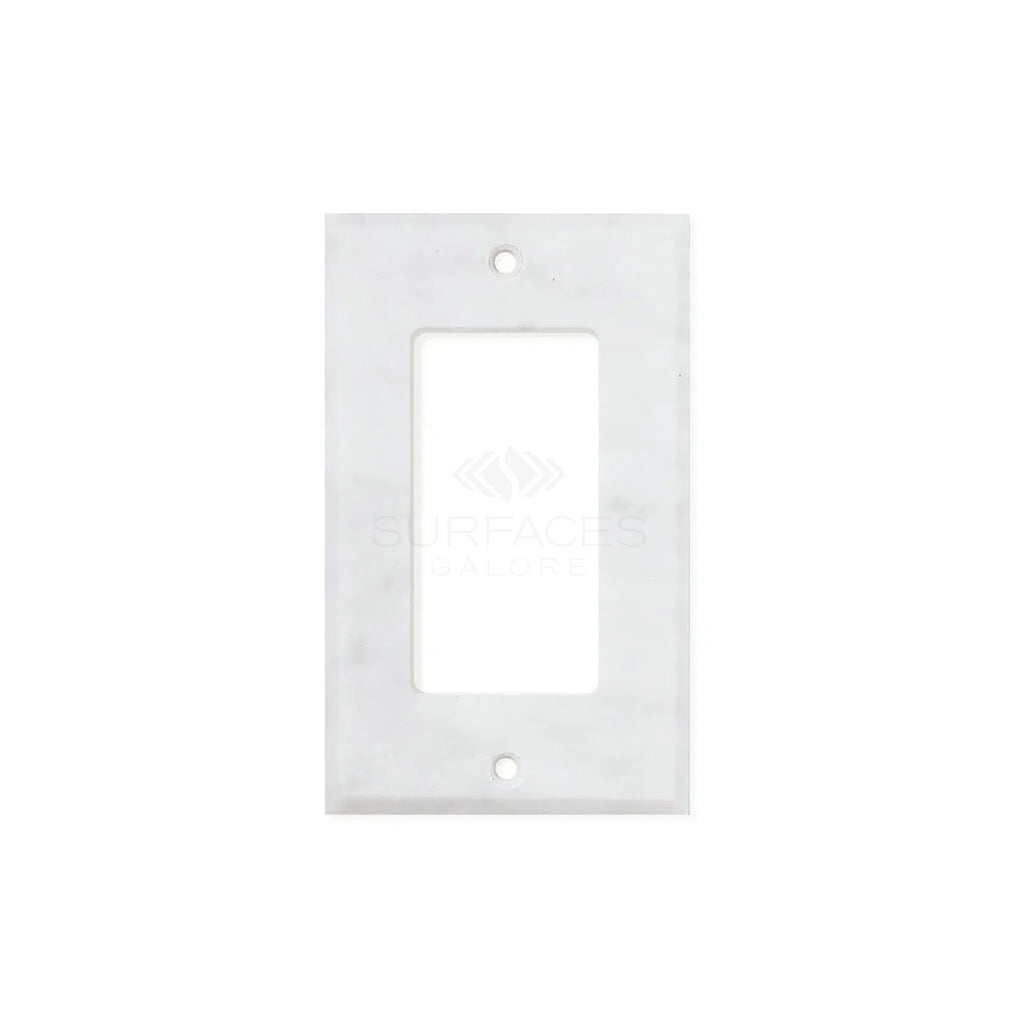 SurfacesGalore Carrara White Marble Single ROCKER Plate Switch Wall Plate features a central rectangular cutout and two screw holes.