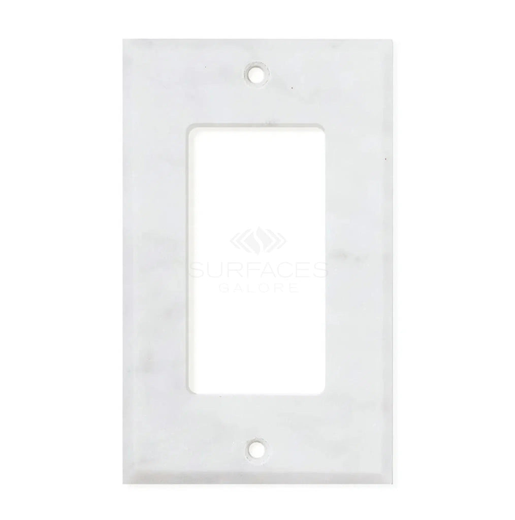 The Carrara White Marble Single ROCKER Plate Switch Wall Plate from SurfacesGalore features a central opening and two screw holes, one at the top and one at the bottom. Crafted to resemble authentic marble, this switch cover adds an elegant touch to any room.