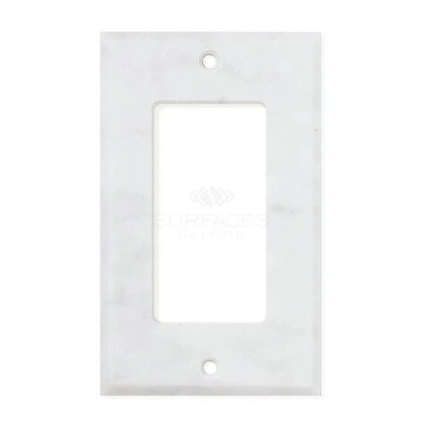 The Carrara White Marble Single ROCKER Plate Switch Wall Plate from SurfacesGalore features a central opening and two screw holes, one at the top and one at the bottom. Crafted to resemble authentic marble, this switch cover adds an elegant touch to any room.