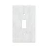 The Carrara White Marble Single TOGGLE Plate Switch Wall Plate, offered by SurfacesGalore, is crafted from authentic natural stone and features a rectangular cutout for the switch along with two screw holes.