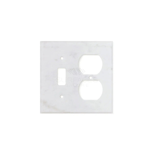 SurfacesGalore Carrara White Marble TOGGLE - DUPLEX Switch Wall Plate / Cover Plate / Switch Plate with a cutout for a single switch and a dual outlet.