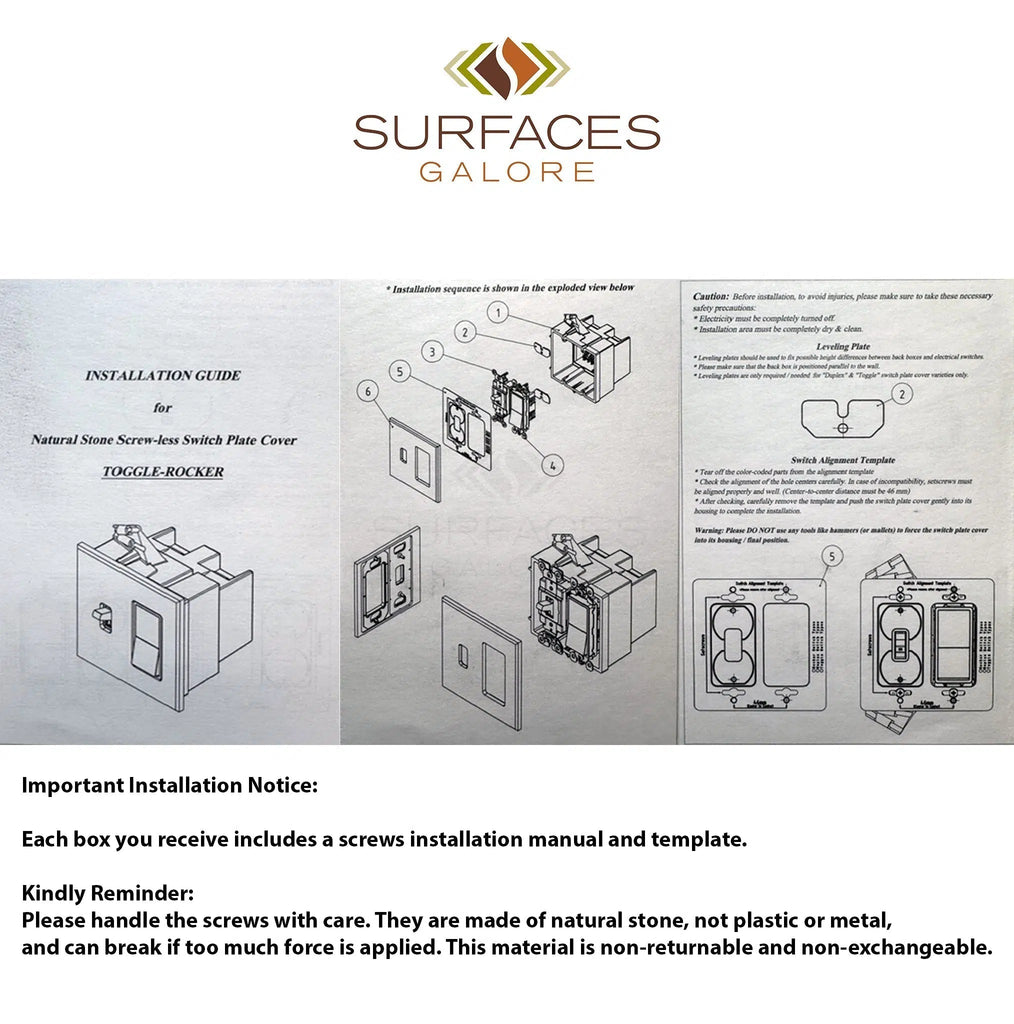 Instructional diagram for mounting a Carrara White Marble TOGGLE - DUPLEX Switch Wall Plate from SurfacesGalore, with installation steps and cautionary notes, including tips for installing on natural stone surfaces.