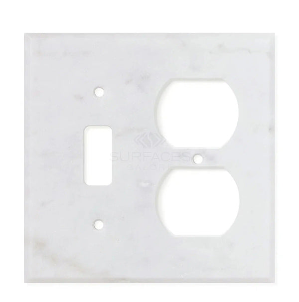 Carrara White Marble TOGGLE - DUPLEX Switch Wall Plate by SurfacesGalore, featuring one rectangular switch opening and two outlet openings, crafted from natural stone, showcased on a plain background.