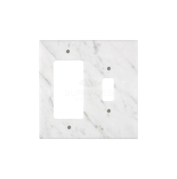 The Carrara White Marble TOGGLE - ROCKER Switch Wall Plate, crafted by SurfacesGalore, seamlessly blends elegance and functionality with its large rectangular and standard toggle switch openings. Made from natural stone, this double switch plate cover adds a touch of sophistication to any room.