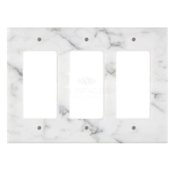 SurfacesGalore's Carrara White Marble Triple ROCKER Plate Switch Wall Plate features a sophisticated white and gray marble pattern with three vertical rectangular openings, emulating the elegance of natural stone.