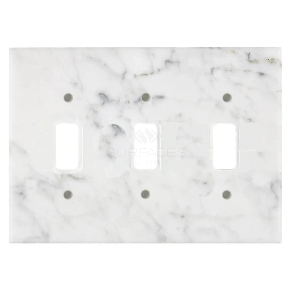 An authentic "Carrara White Marble Triple TOGGLE Plate Switch Wall Plate / Cover Plate / Switch Plate" by SurfacesGalore, featuring three cutouts for switches.