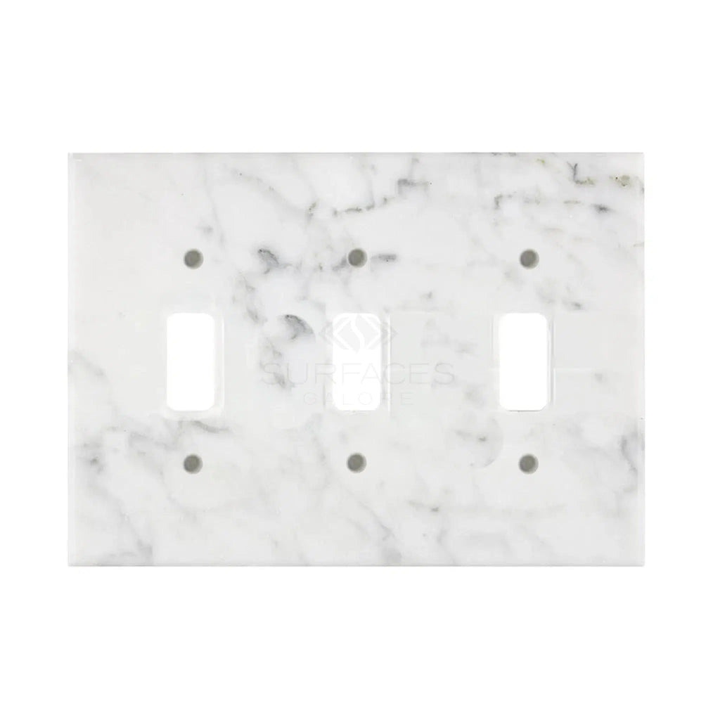 The Carrara White Marble Triple TOGGLE Plate Switch Wall Plate from SurfacesGalore features an authentic white and gray veined marble pattern.