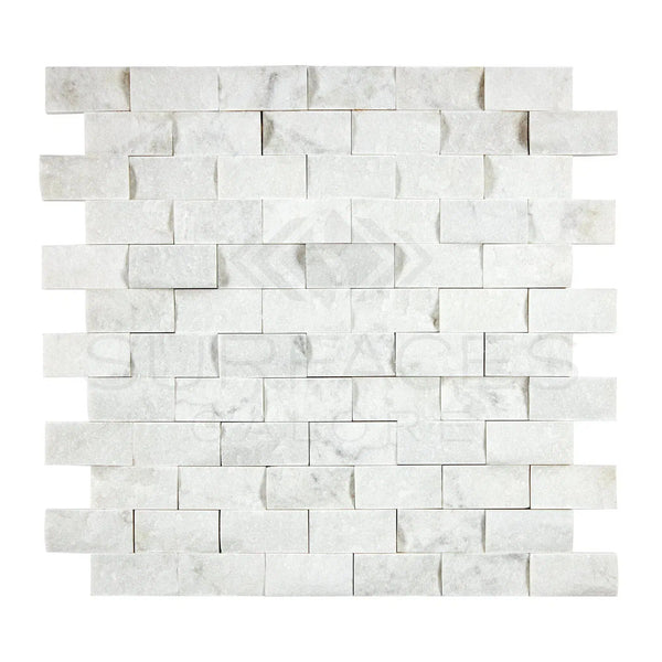 Carrara White Italian Premium 1X2 Brick Mosaic Marble Tile Split - Faced - SurfacesGalore