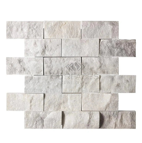 Carrara White Italian Premium 2X4 Brick Mosaic Marble Tile Split - Faced - SurfacesGalore