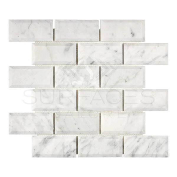 Carrara White Italian Premium 2X4 Deep - Beveled Brick Mosaic Marble Tile Polished - Honed - SurfacesGalorePolished