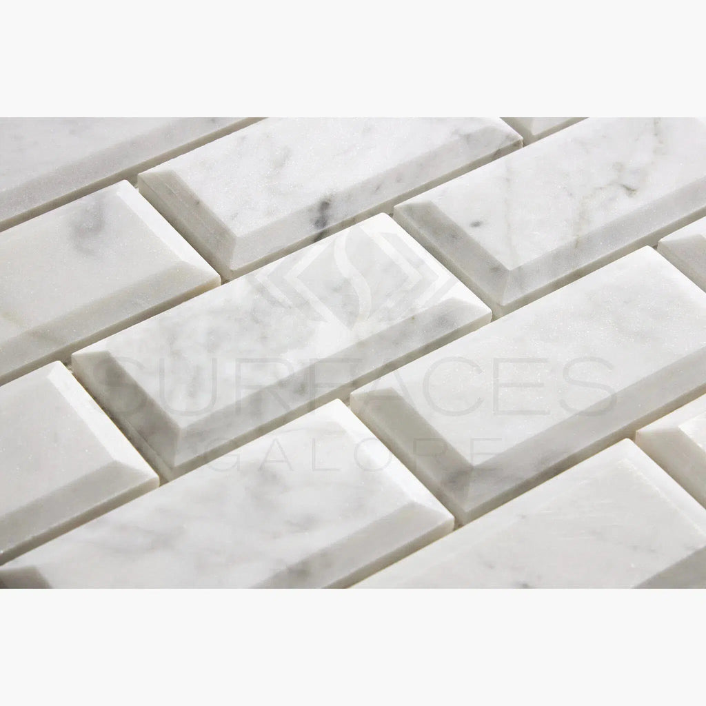 Carrara White Italian Premium 2X4 Deep-Beveled Brick Mosaic Marble Tile Polished-Honed