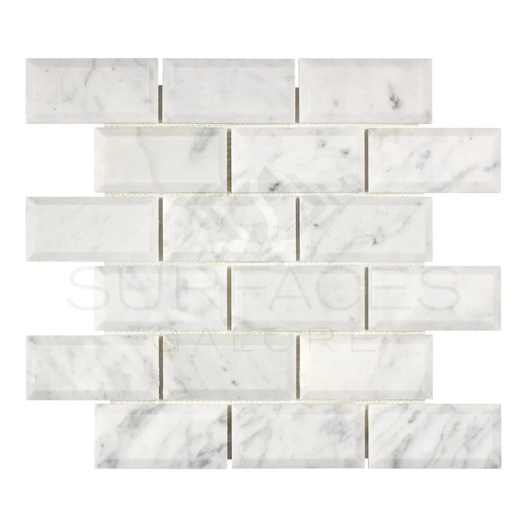 Carrara White Italian Premium 2X4 Deep-Beveled Brick Mosaic Marble Tile Polished-Honed