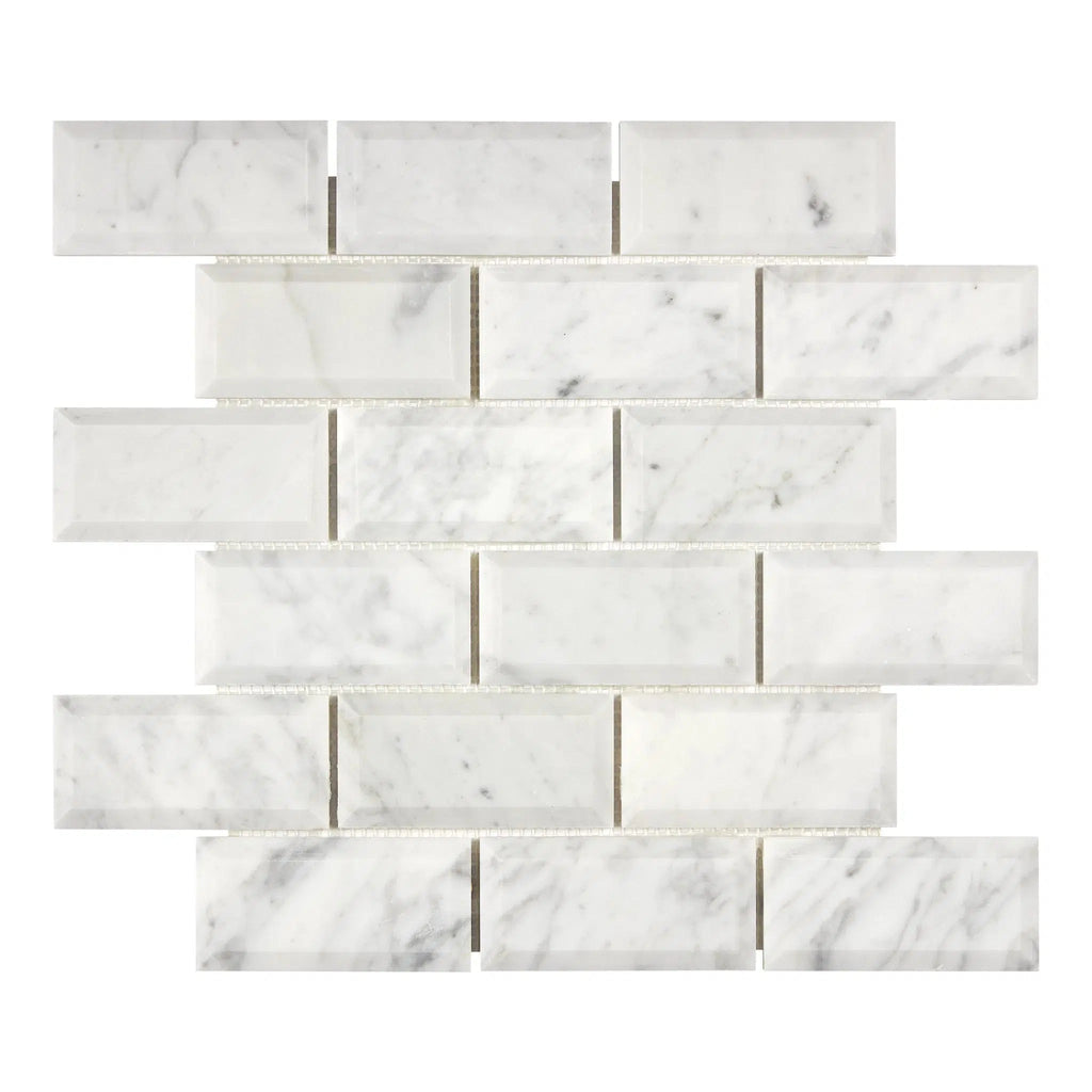 Carrara White Italian Premium 2X4 Deep-Beveled Brick Mosaic Marble Tile Polished-Honed