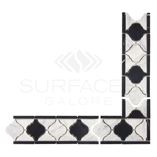 Carrara White Italian Premium 3 7/8X11 5/8 Lantern (Luxury) Border (Carrara w/ Black) Polished - Honed - SurfacesGalorePolished