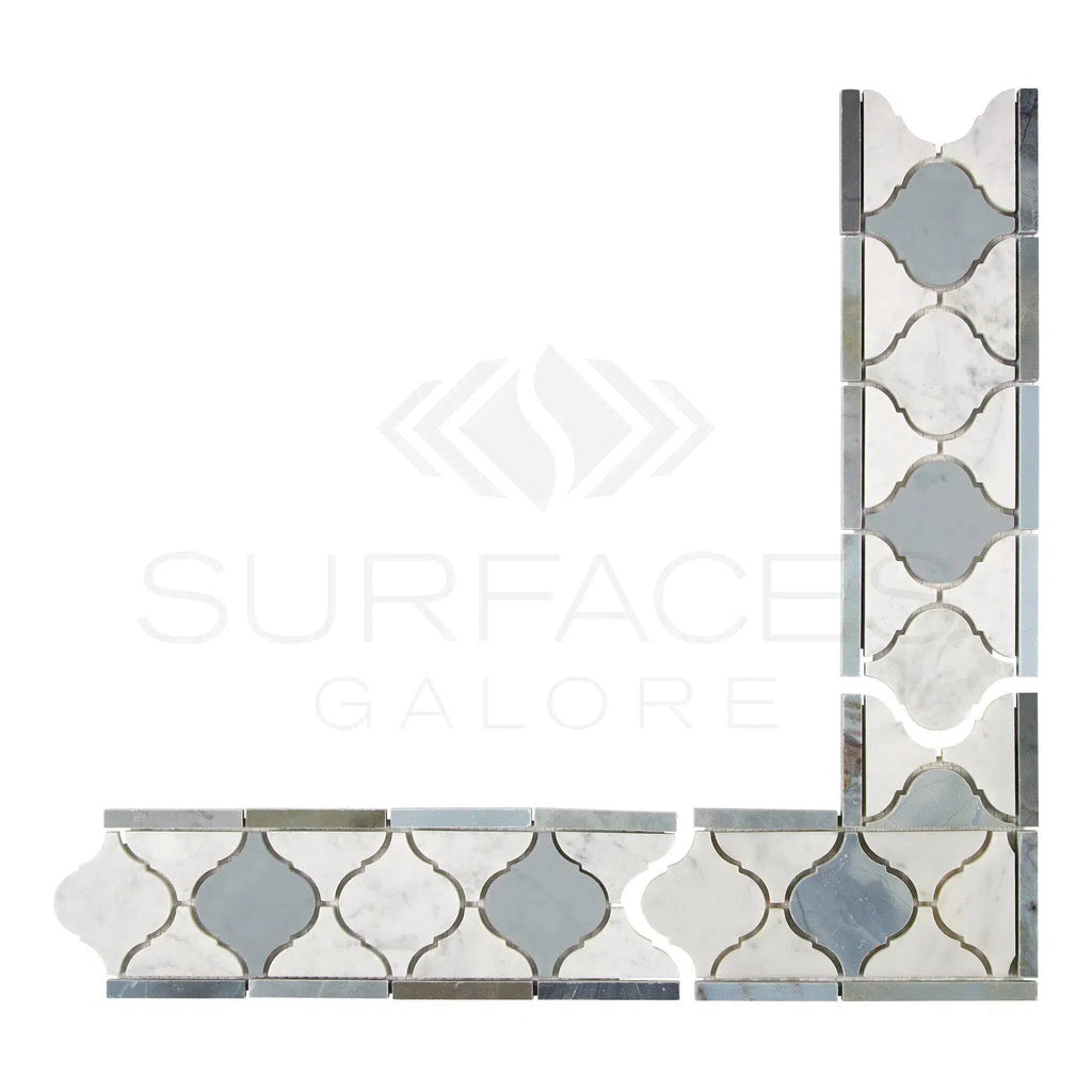 Carrara White Italian Premium 3 7/8X11 5/8 Lantern (Luxury) Border (Carrara w/ Blue-Gray) Polished-Honed