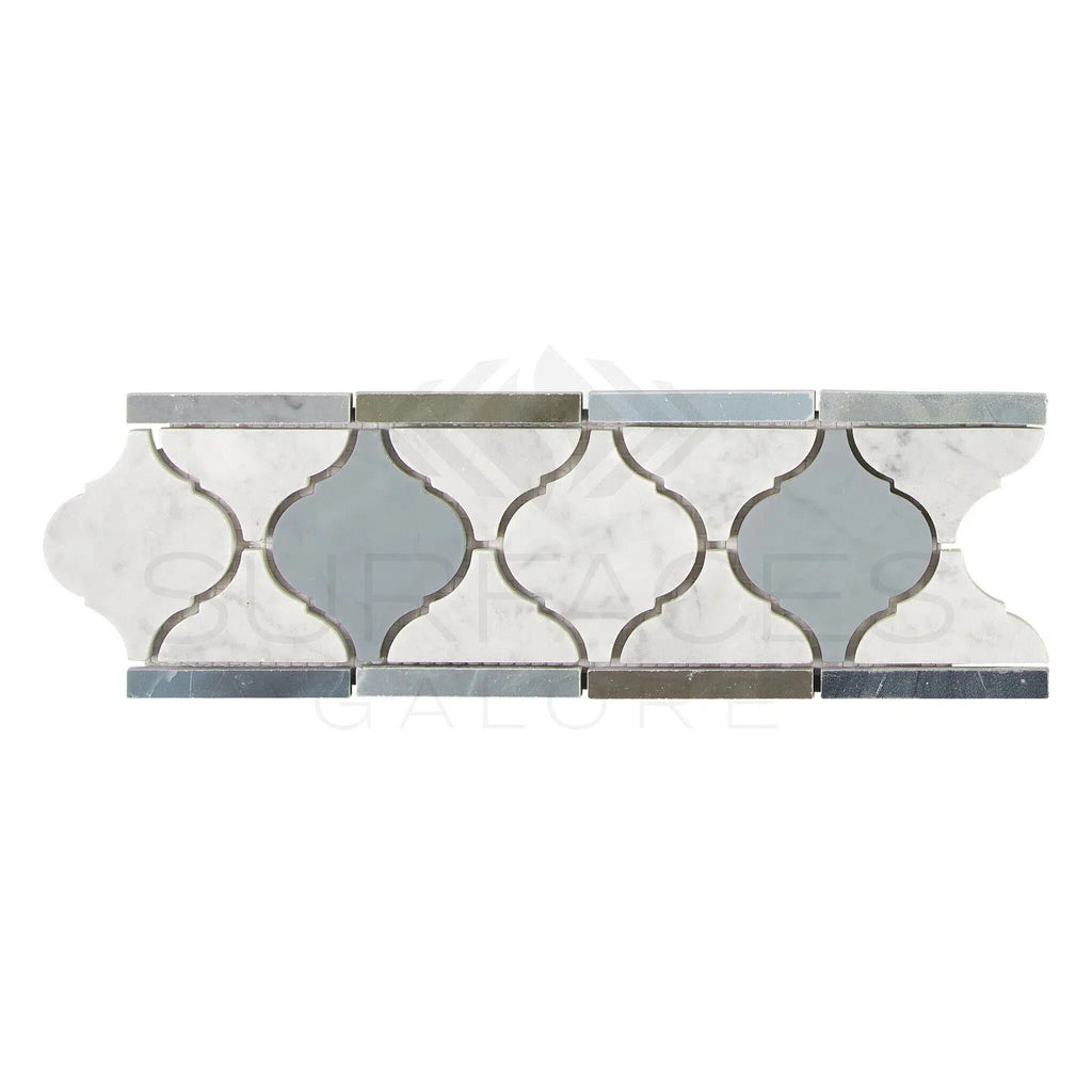 Carrara White Italian Premium 3 7/8X11 5/8 Lantern (Luxury) Border (Carrara w/ Blue - Gray) Polished - Honed - SurfacesGalorePolished