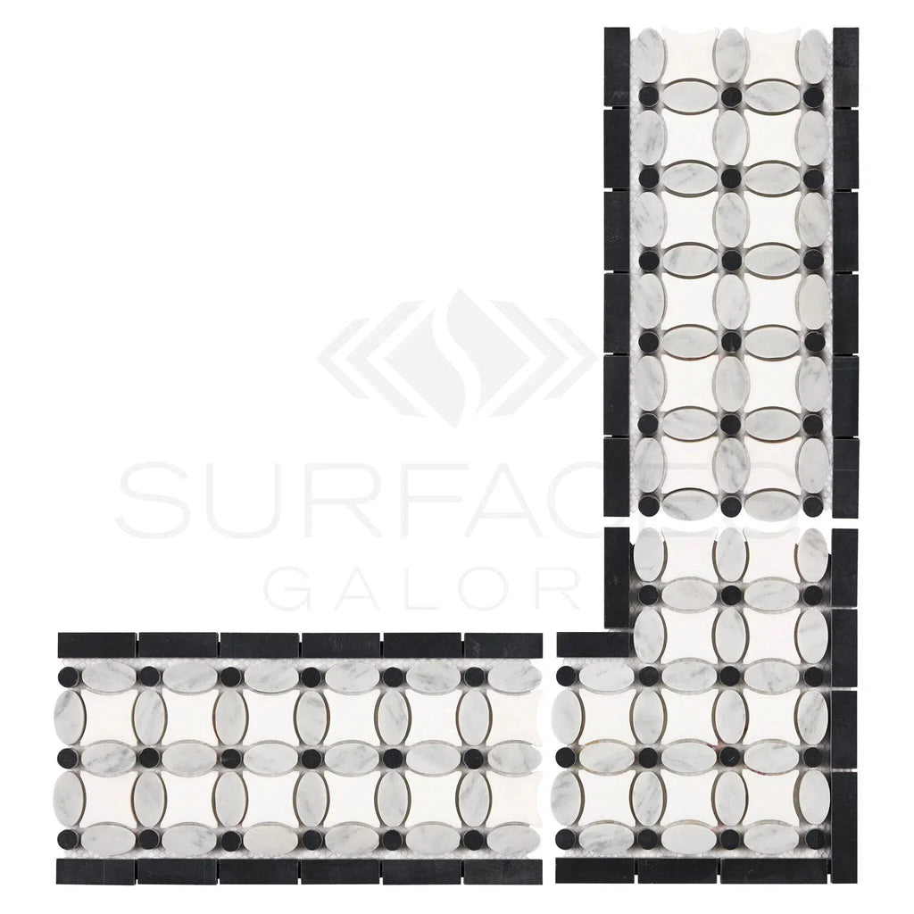 Carrara White Italian Premium 5 3/4X11 1/4 Florida Flower Border (Thassos+White Carrara(Oval)+Black(Dots)) Polished-Honed