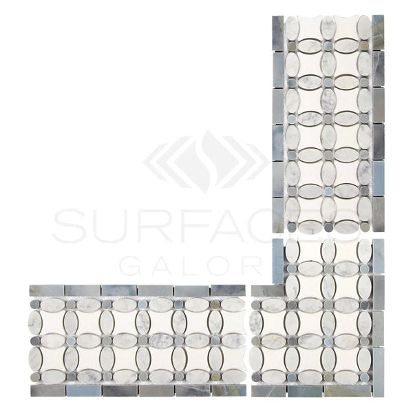 Carrara White Italian Premium 5 3/4X11 1/4 Florida Flower Border (Thassos+White Carrara(Oval)+Blue - Gray(Dots)) Polished - Honed - SurfacesGalorePolished