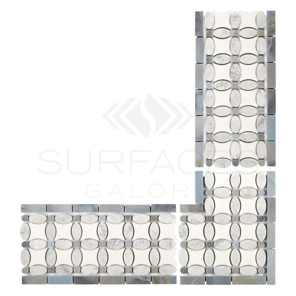 Carrara White Italian Premium 5 3/4X11 1/4 Florida Flower Border (Thassos+White Carrara(Oval)+Blue-Gray(Dots)) Polished-Honed