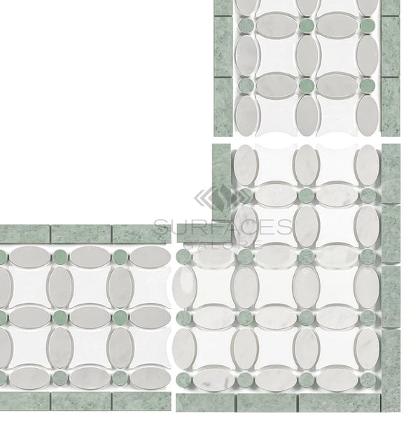 Carrara White Italian Premium 5 3/4X11 1/4 Florida Flower Border (Thassos+White Carrara(Oval)+Ming Green(Dots)) Polished - Honed - SurfacesGalorePolished