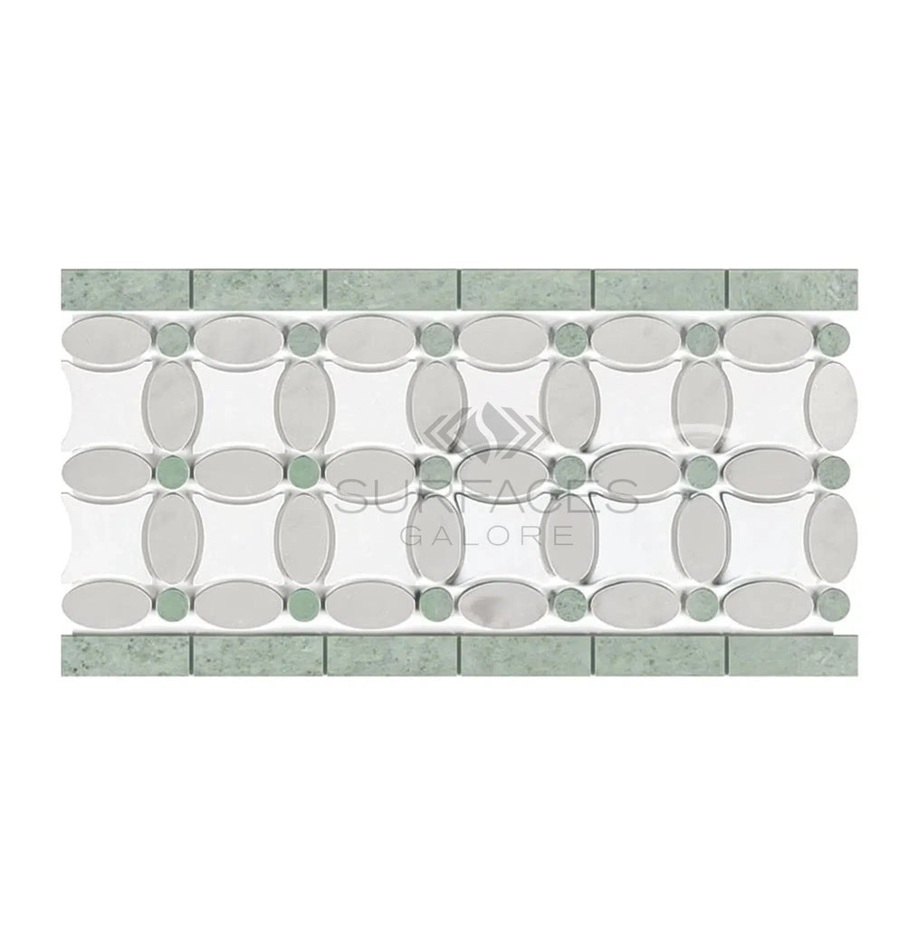 Carrara White Italian Premium 5 3/4X11 1/4 Florida Flower Border (Thassos+White Carrara(Oval)+Ming Green(Dots)) Polished-Honed