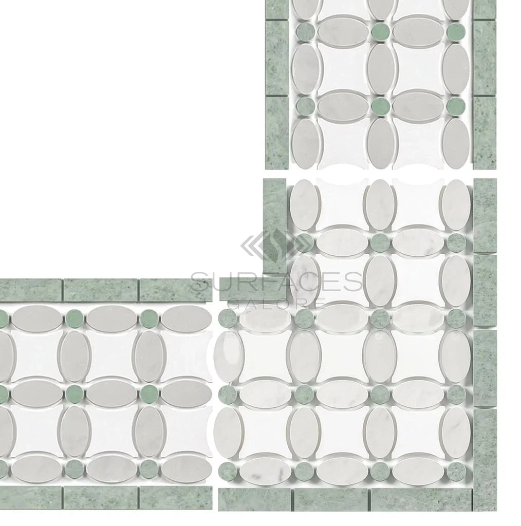 Carrara White Italian Premium 5 3/4X11 1/4 Florida Flower Border (Thassos+White Carrara(Oval)+Ming Green(Dots)) Polished-Honed