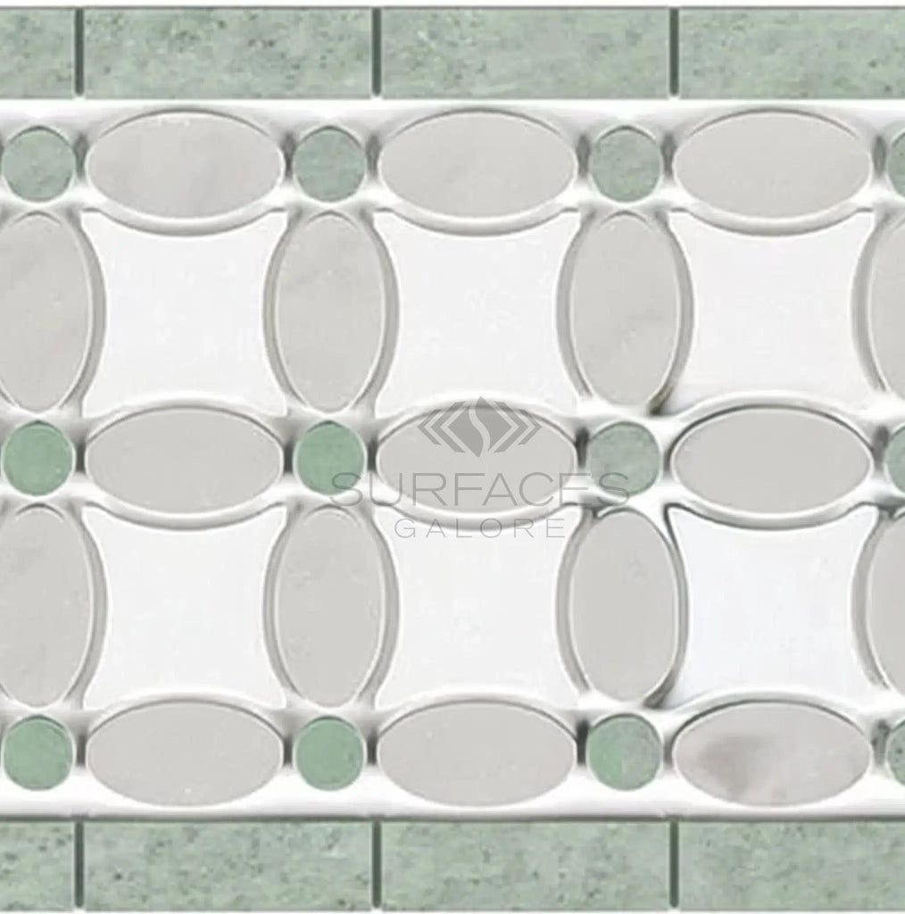 Carrara White Italian Premium 5 3/4X11 1/4 Florida Flower Border (Thassos+White Carrara(Oval)+Ming Green(Dots)) Polished-Honed