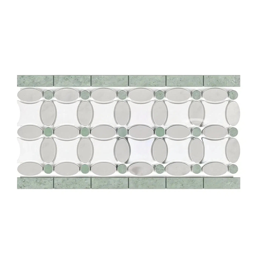 Carrara White Italian Premium 5 3/4X11 1/4 Florida Flower Border (Thassos+White Carrara(Oval)+Ming Green(Dots)) Polished-Honed