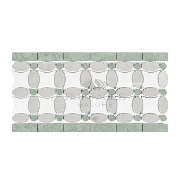 Carrara White Italian Premium 5 3/4X11 1/4 Florida Flower Border (Thassos+White Carrara(Oval)+Ming Green(Dots)) Polished - Honed - SurfacesGalorePolished