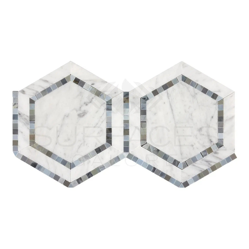 Carrara White Italian Premium 5X5 Hexagon Combination (w/Blue - Gray) Mosaic Marble Tile Polished - Honed - SurfacesGalorePolished