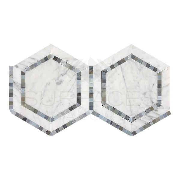 Carrara White Italian Premium 5X5 Hexagon Combination (w/Blue - Gray) Mosaic Marble Tile Polished - Honed - SurfacesGalorePolished