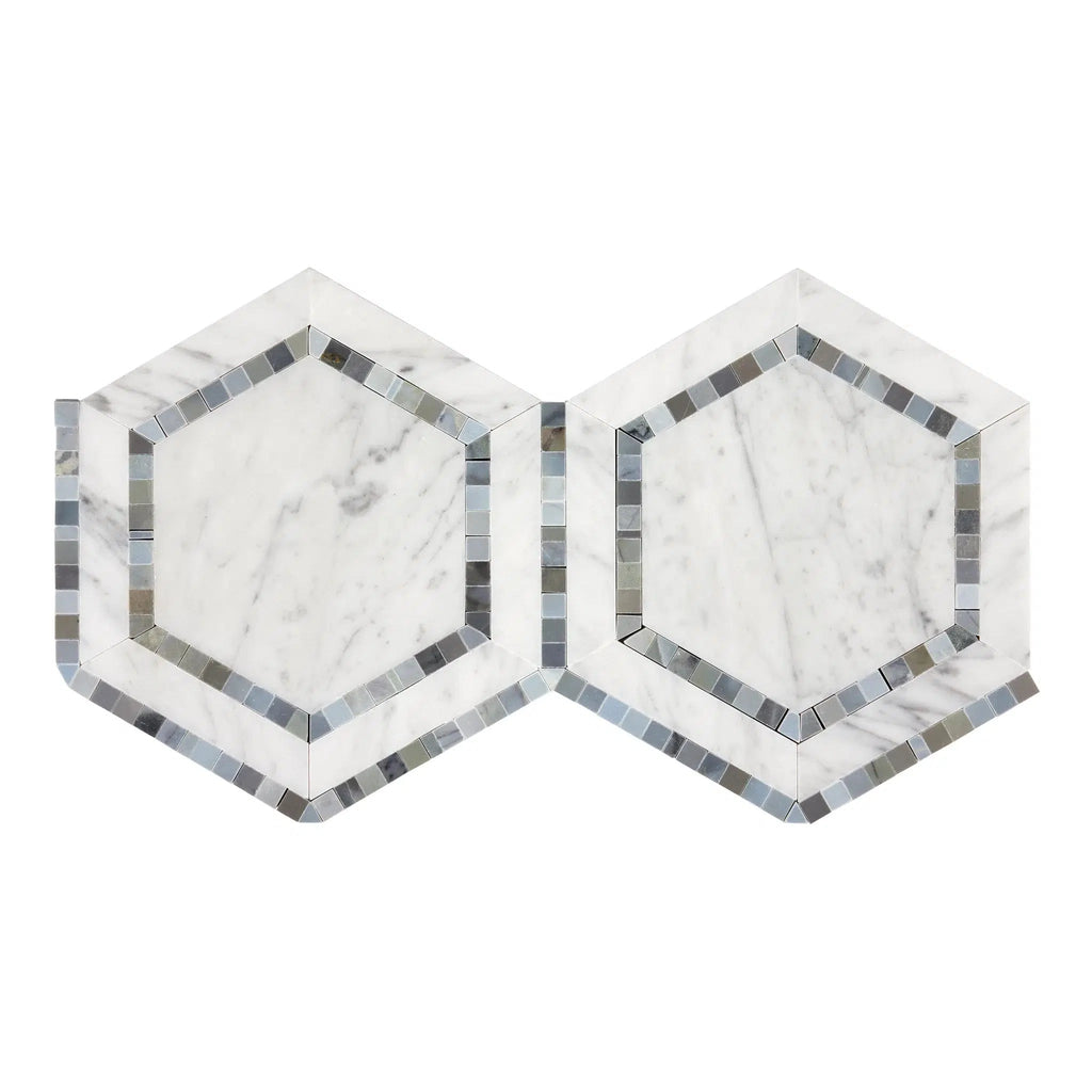 Carrara White Italian Premium 5X5 Hexagon Combination (w/Blue-Gray) Mosaic Marble Tile Polished-Honed